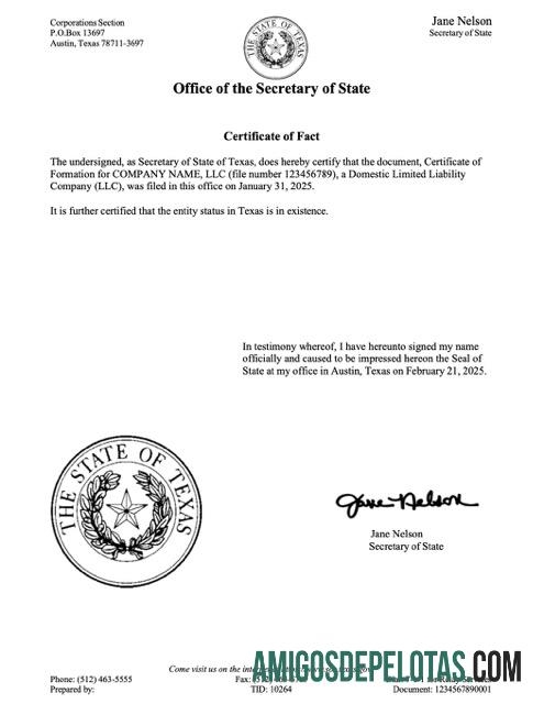 Certificado de fato dos EUA Texas para impressão, modelo Word e PDF